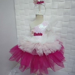 Personalized Pink Sequin Tulle Dress: Embroidered Barbie Birthday Party