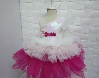 Personalized Pink Sequin Tulle Dress: Embroidered Barbie Birthday Party