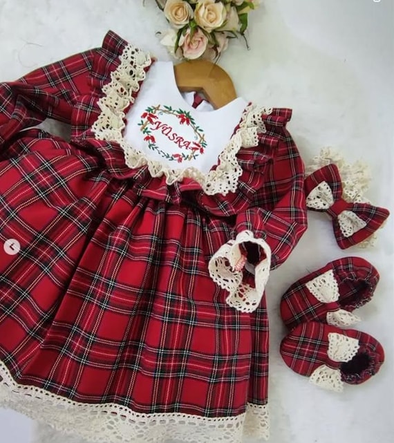 刺繍入りベビーガールクリスマスドレス：赤いチェック柄のホリデー衣装 