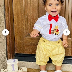 Gepersonaliseerde Pooh Winnie Bear geborduurde jongenskledingset speciaal ontwerp verjaardag outfit schoenen en muts set shorts bretels vlinderdas KROON