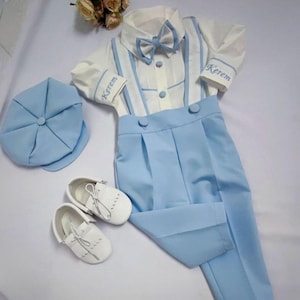 Ensemble personnalisé de tenue d'anniversaire de bébé garçon, prénom personnalisé date tenue de séance photo d'anniversaire de bébé garçon robe de baptême de porteur d'alliances Costume bleu layette.