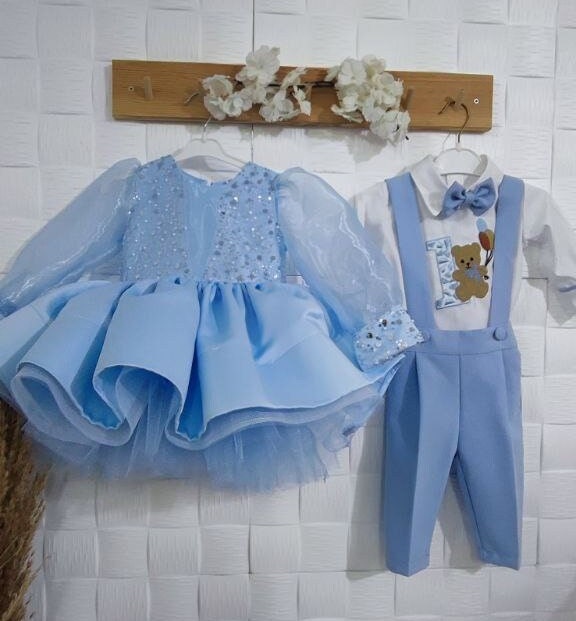 Twins First Birthday Outfit: Embroidered Bear Suit, Personalized Siblings Matching Set