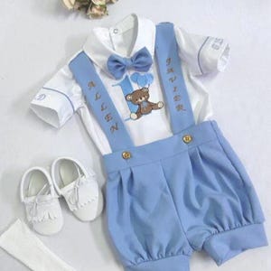 Personalized Baby Boys 1st Birthday 4 Pieces Suit Set Boys Safari Birthday Tuxedo Suit Short Long Pants Embroidered Shirt Suspenders Bowtie.