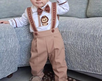 Personalized Baby Boy 1st Birthday Outfit: Safari Lion, Monogrammed 4-Piece Set