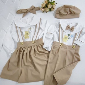 Embroidered Bear 1st Birthday Outfit: Twins Matching Set