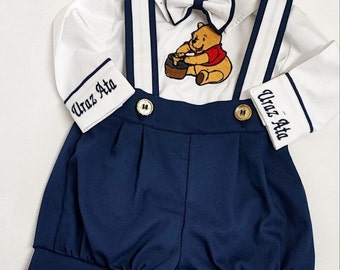 Personalized Baby Boys 1st Birthday Suit Set Winnie the Pooh Boy Birthday Winnie the Bear Monogramed Shirt Shorts Suspenders Bowtie Dumbo