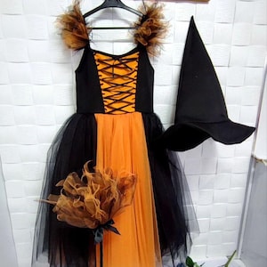 Girls Halloween Witch Costume: Black & Orange Tutu Dress with Hat
