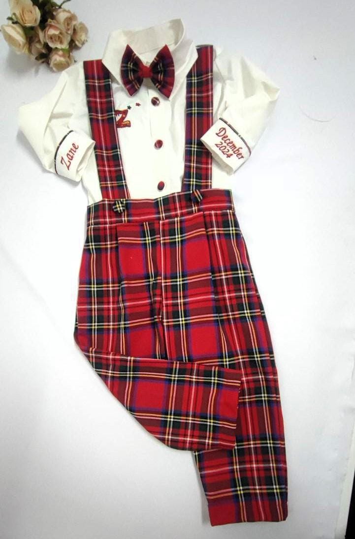 Personalized Christmas Baby Boy Suit: Red Plaid Tartan Outfit