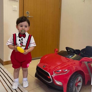 Traje de Mickey Mouse para primer cumpleaños de niño personalizado, traje de Mickey Disney para primer cumpleaños de niño, camisa, pantalones cortos y largos, traje rojo de Mickey