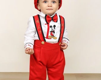 Custom Mickey Mouse Birthday Outfit: Shirt, Suspenders & Bowtie Set