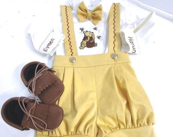 Embroidered Winnie the Pooh 1st Birthday Outfit: Shorts, Suspenders, Bow Tie