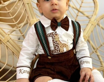 Personalized Baby Boy 1st Birthday Safari Outfit: Monogrammed Shirt, Bow Tie