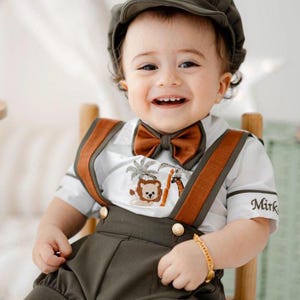Personalized Baby Boy Safari 1st Birthday Outfit: Monogrammed Shirt, Shorts, Suspenders, Bowtie
