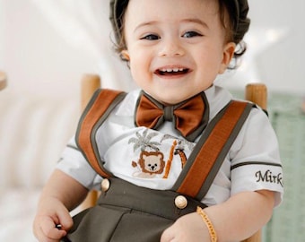 Personalized Baby Boy Safari 1st Birthday Outfit: Monogrammed Shirt, Shorts, Suspenders, Bowtie