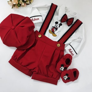 Conjunto de traje de Mickey Mouse para primer cumpleaños de niño personalizado, camisa, pantalones cortos y largos, pajarita.