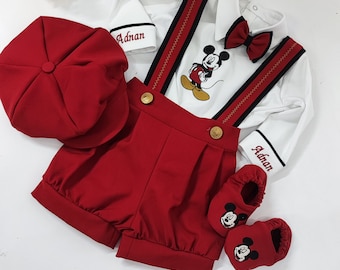 Custom Mickey Mouse 1st Birthday Outfit: Embroidered Cotton Suit Set
