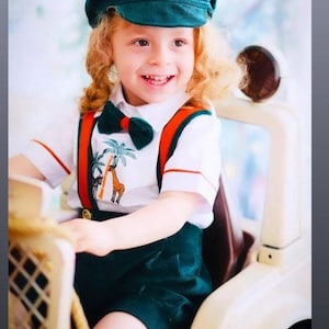 Personalized Safari 1st Birthday Outfit: Monogrammed Shirt, Shorts, Suspenders & Bowtie