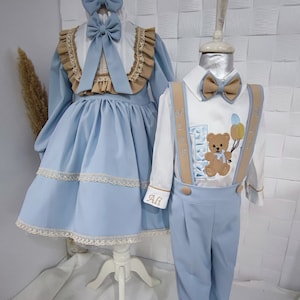 Twins First Birthday Outfit: Embroidered Bear Suit, Personalized Siblings Matching Set