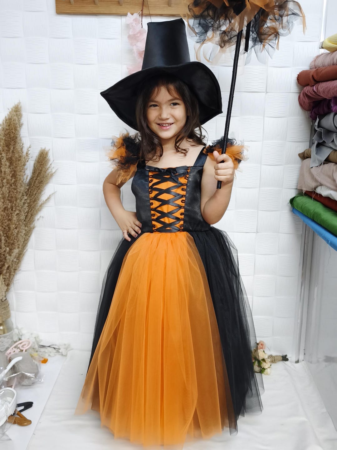 Girls' Halloween Witch Costume: Black Orange Tutu Dress With Hat