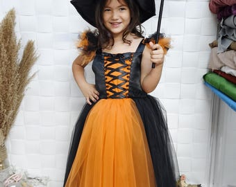 Girls' Halloween Witch Costume: Black & Orange Tutu Dress with Hat