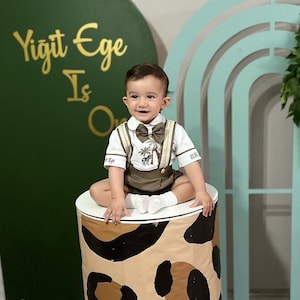 Personalized Safari 1st Birthday Outfit: Monogrammed Shirt, Shorts, Suspenders, Bowtie