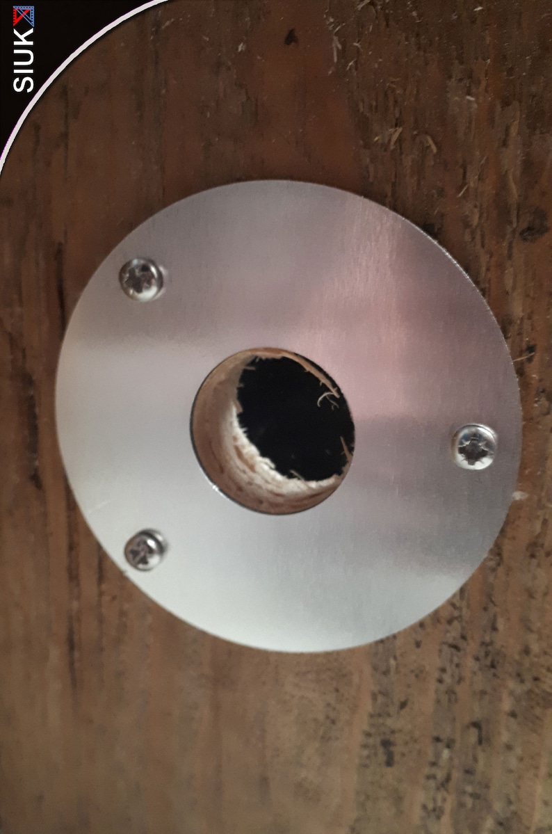 round nest box protector plate, squirrel proof, woodpecker proof, predator proof metal plate with screws