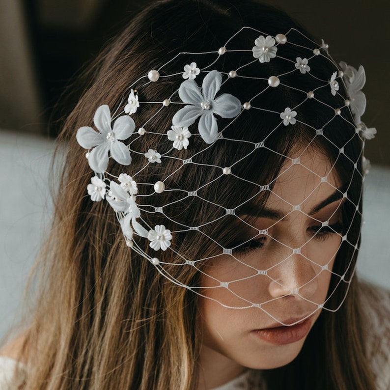 Bridal Birdcage Veil White Birdcage Veil With Floral Detail Etsy