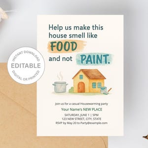 Convite engraçado para inauguração de casa - Modelo digital editável para impressão, download instantâneo, cartão RSVP para mudança, comida, não tinta