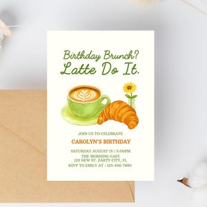Modelo de convite para brunch de aniversário com leite | Convite editável com café e croissant | Cartão para festa estilo café | Download digital para mulheres