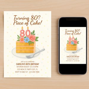 Modello modificabile per invito alla festa di 80° compleanno / Torta per 80 anni / Invito a una fetta di torta floreale per donne / Download immediato