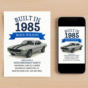 Birthday Invitation for Man–Built in 1985(Editable) Classic Car Party Template– Editable Digital Download – Red Muscle Car Watercolor Invite