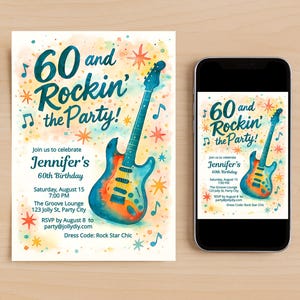 60. Geburtstagseinladung für Frauen Rockmusik Thema - Bearbeitbare Party Vorlage für Sie - Digitale Aquarell Gitarre einladen - Sofort Download