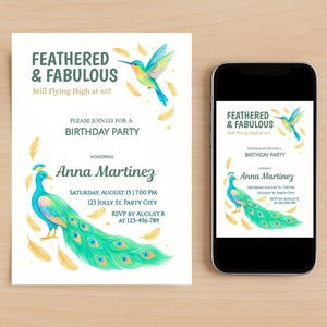 Convite de aniversário com penas e fabuloso para mulheres | Convite para festa de pavão em aquarela | Modelo de aniversário editável | Download instantâneo