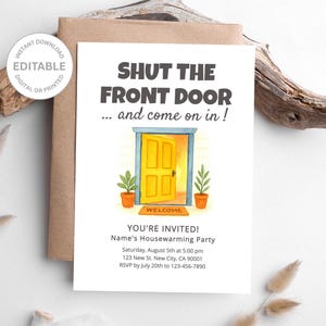 Convite engraçado para inauguração de casa - Design para fechar a porta da frente - Modelo editável, download instantâneo para impressão, festa de boas-vindas em aquarela
