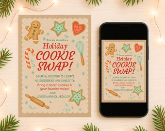 Pode incluir: Um convite para uma troca de biscoitos de Natal, com bonecos de gengibre, estrelas e corações. O convite está em um fundo bege com o texto "Holiday Cookie Swap!" e detalhes do evento.