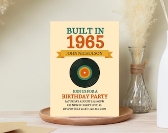 Retro födelsedagsinbjudan för 50, 60, 70-årsjubileum – Inbyggd vinylskiva med vintagetema – Redigerbar digital nedladdning för alla åldrar