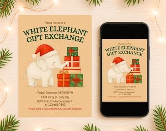 Puede incluir: Una invitación y una pantalla de teléfono inteligente muestran un anuncio de "White Elephant Gift Exchange". El diseño presenta un elefante de dibujos animados con un gorro de Papá Noel, rodeado de regalos envueltos. El texto incluye detalles del evento.
