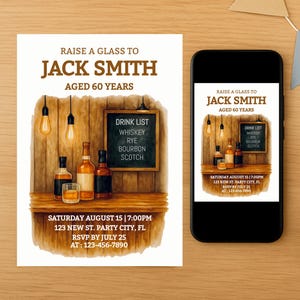 Whiskey Bar Birthday Invitation Template For Men| Rustic Aged to Perfection Party Invite | Editable Bourbon Scotch Theme | Digital Download