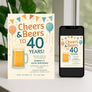 Cheers and Beers Birthday Invitation – Printable Party Invite for Men of ANY Age– Digital Editable Template – Brewery Theme Instant Download