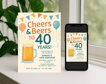 Cheers and Beers Birthday Invitation – Printable Party Invite for Men of ANY Age– Digital Editable Template – Brewery Theme Instant Download
