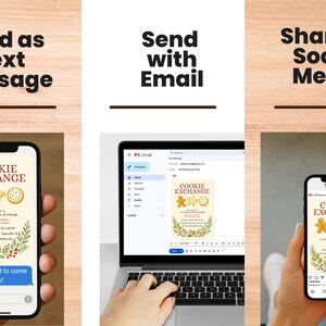 Op de afbeelding: Afbeelding met een uitnodiging voor een kerstkoekjesruil op een smartphone, laptop en een andere smartphone. De uitnodiging bevat illustraties van peperkoekmannetjes, sterren en koekjes met de tekst: "COOKIE EXCHANGE". De uitnodiging wordt verzonden via sms, e-mail en sociale media.
