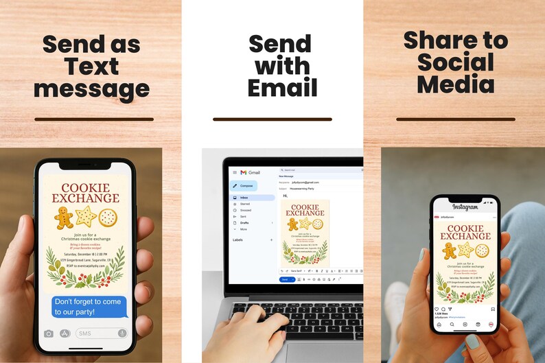 Op de afbeelding: Afbeelding met een uitnodiging voor een kerstkoekjesruil op een smartphone, laptop en een andere smartphone. De uitnodiging bevat illustraties van peperkoekmannetjes, sterren en koekjes met de tekst: "COOKIE EXCHANGE". De uitnodiging wordt verzonden via sms, e-mail en sociale media.