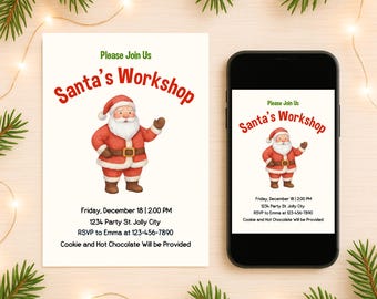 Santa’s Workshop Invitation Template, Christmas Party Invite, Santa Claus Holiday Printable, Editable Kids Party Digital Download, Size 5X7"