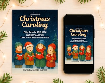 Kerst Caroling-uitnodigingssjabloon | Uitnodiging voor feestfeestje | Bewerkbare digitale download, formaat 5 x 7 inch