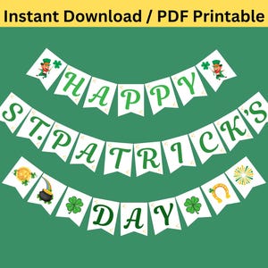 Happy St.Patrick&#39;s Day DIY Garland Banner Instant Download PDF Printable with letters and symbols Clovers Green letters