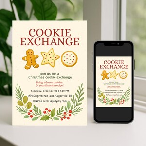 Op de afbeelding: Een cr&egrave;mekleurige uitnodiging voor een kerstkoekjesruil, met illustraties van een peperkoekmannetje, ster en ronde koekjes. De tekst luidt "COOKIE EXCHANGE" en bevat evenementdetails. Een smartphone toont hetzelfde ontwerp.
