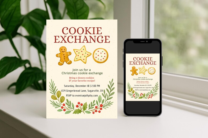 Op de afbeelding: Een cr&egrave;mekleurige uitnodiging voor een kerstkoekjesruil, met illustraties van een peperkoekmannetje, ster en ronde koekjes. De tekst luidt "COOKIE EXCHANGE" en bevat evenementdetails. Een smartphone toont hetzelfde ontwerp.