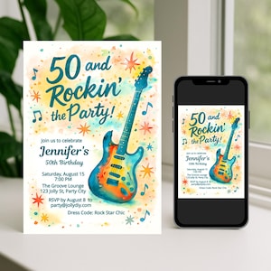 Convite de 50º aniversário para mulheres com tema de rock – Modelo de festa editável para ela – Convite digital de violão em aquarela – Download instantâneo