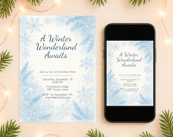 Uitnodiging kerstfeest Winter Wonderland | Bewerkbare blauwe sneeuwvlok vakantie-uitnodiging | Sjabloon winterbruiloft, kantoor, familiefeest 5 x 7"