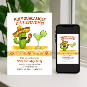 Modèle d'invitation d'anniversaire Fiesta | Invitation à une fête de guacamole | Cactus sombrero Margarita Modifiable | Carte d'anniversaire drôle de thème mexicain